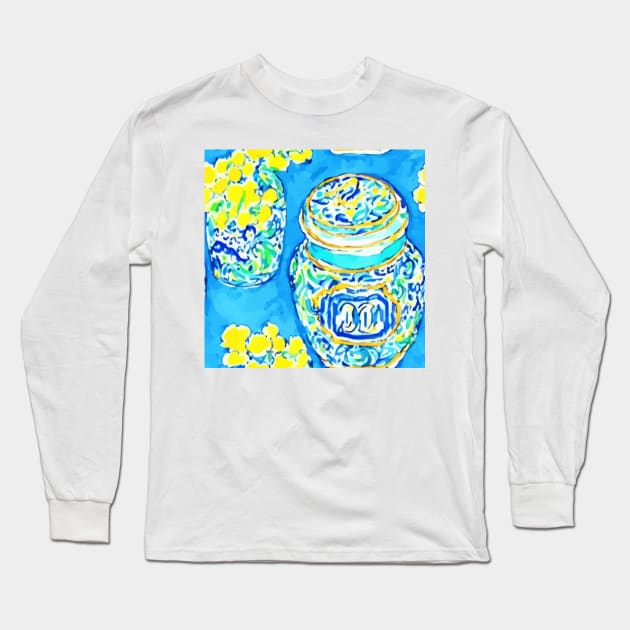 Mimosa and chinoiserie jars on turquoise Long Sleeve T-Shirt by SophieClimaArt